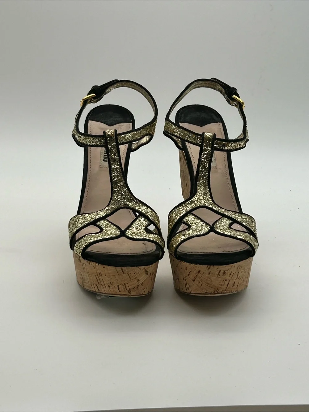 Miu Miu Gold Glitter Cork Platform Wedge Sandals size 39